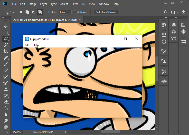 A screenshot of FlippyWindow over Adobe Photoshop.